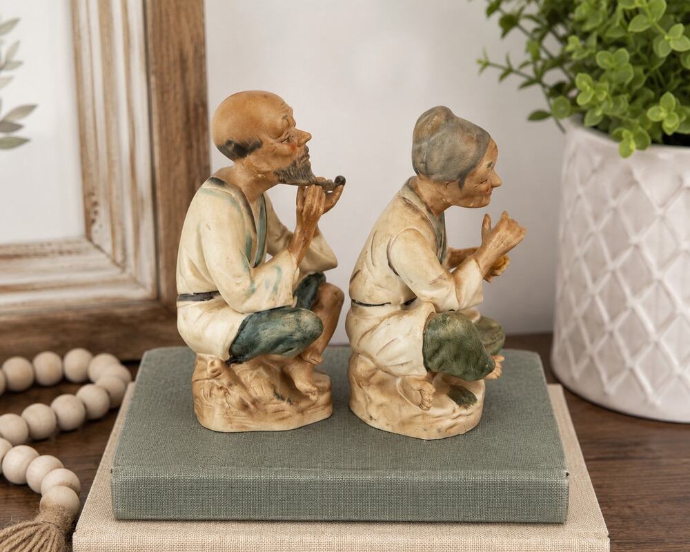 Vintage Asian Elderly Couple Figurines Porcelain Bisque Pair Seated Conversation